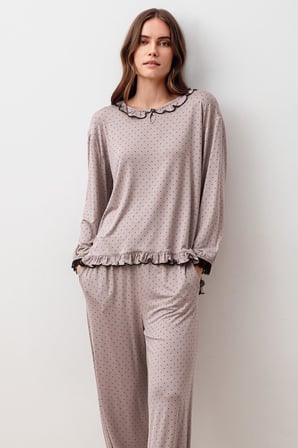 Uzun Kollu Puantiyeli Dantelli Paçası Lastikli Likralı Viskoz Pijama Takım 20208
