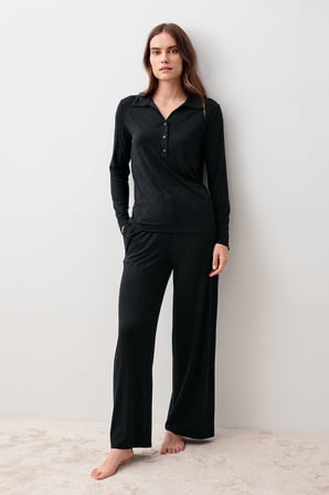 Uzun Kollu Düğmeli Yumuşak Dokulu Esnek Viskoz Pijama Takım 20203