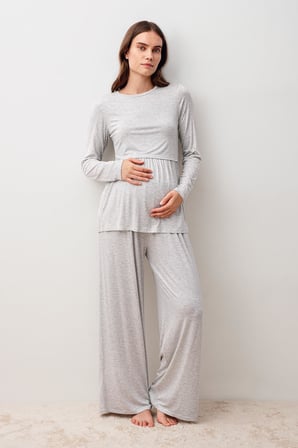Uzun Kollu Esnek Likralı Viskoz Hamile Pijama Takım 20212