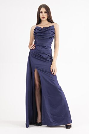 Lacivert Straplez Drape Detaylı Yırtmaçlı Saten Kumaş Abiye Elbise 1607209.02