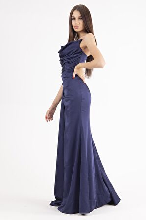 Lacivert Straplez Drape Detaylı Yırtmaçlı Saten Kumaş Abiye Elbise 1607209.02