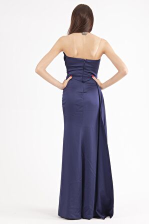 Lacivert Straplez Drape Detaylı Yırtmaçlı Saten Kumaş Abiye Elbise 1607209.02