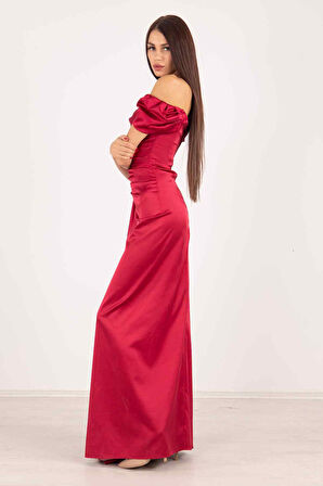 Bordo Drape Detaylı Saten Kumaş Abiye Elbise 9704858.04
