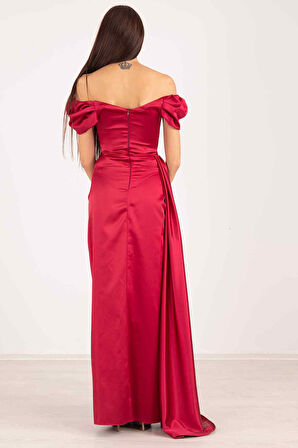Bordo Drape Detaylı Saten Kumaş Abiye Elbise 9704858.04