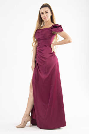Mürdüm Drape Detaylı Saten Kumaş Abiye Elbise 9704858.21