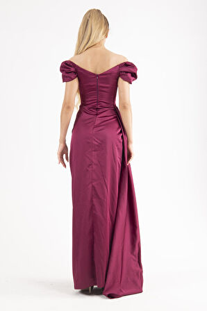Mürdüm Drape Detaylı Saten Kumaş Abiye Elbise 9704858.21