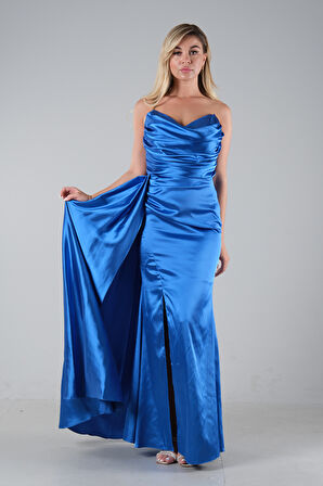 Saks Straplez Drape Detaylı Yırtmaçlı Saten Kumaş Abiye Elbise 1607209.26