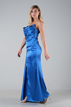 Saks Straplez Drape Detaylı Yırtmaçlı Saten Kumaş Abiye Elbise 1607209.26