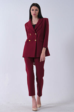 Bordo Kadın Dört Düğmeli Kruvaze Blazer Ceket & Pantolon Takım 0106305.04