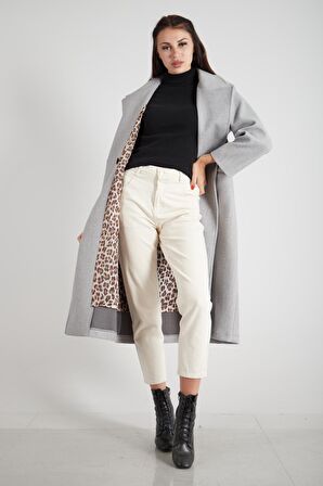 Gri Önden Düğmeli Leopar Astarlı Oversize Örme Kaşe Kaban 0108068.06