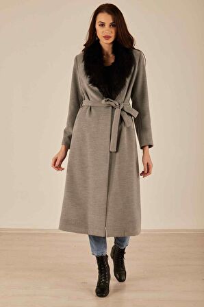 Gri Seyyar Kürklü Leopar Astarlı Kaşe Kaban 0108070.06