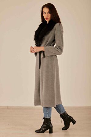 Gri Seyyar Kürklü Leopar Astarlı Kaşe Kaban 0108070.06