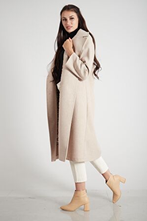 Taş Önden Düğmeli Leopar Astarlı Oversize Örme Kaşe Kaban 0108068.50