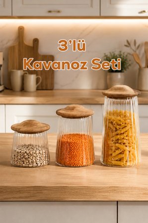 Porsima Mushroom Bambu Vakumlu Kapaklı Yuvarlak Borosilikat Cam 3lü Kavanoz Seti Saklama Kabı
