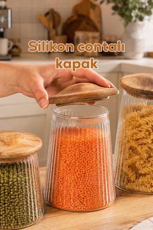 Porsima Mushroom Bambu Vakumlu Kapaklı Yuvarlak Borosilikat Cam 3lü Kavanoz Seti Saklama Kabı
