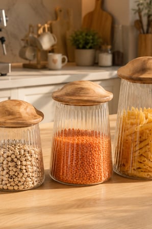 Porsima Mushroom Bambu Vakumlu Kapaklı Yuvarlak Borosilikat Cam 3lü Kavanoz Seti Saklama Kabı