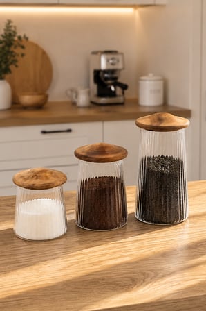 Porsima Mushroom Bambu Vakumlu Kapaklı Yuvarlak Borosilikat Cam 3lü Kavanoz Seti Saklama Kabı