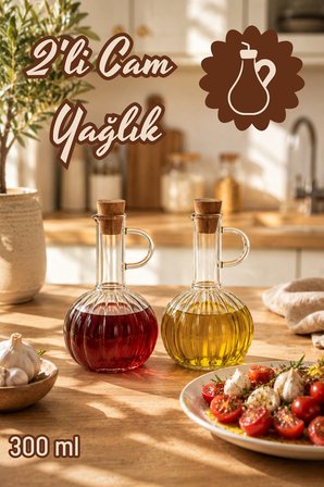 Porsima LM-0010 Breze 2li Mantar Kapaklı Borosilikat Cam Yağlık Sirkelik Yağdanlık Seti 300ml+300ml