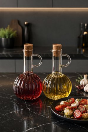 Porsima LM-0010 Breze 2li Mantar Kapaklı Borosilikat Cam Yağlık Sirkelik Yağdanlık Seti 300ml+300ml