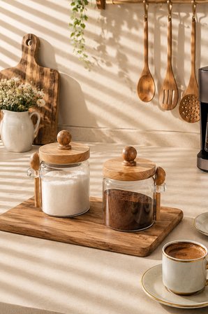 Porsima LM-0057 Bambu Kapaklı 2'li Cam Şekerlik & Bal Reçel Kavanozu 450 ml