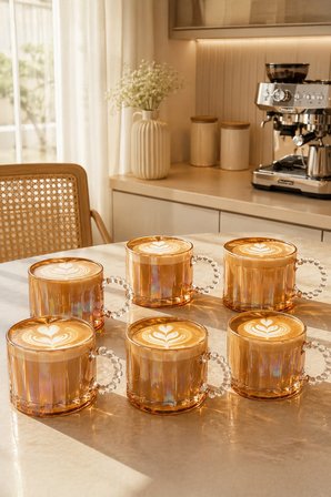Porsima 15863 Ringo Line Amber 6lı Renkli Cam Kupa Çay Kahve Meşrubat Bardak Seti 325ml
