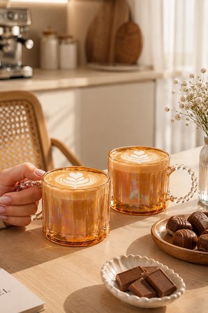 Porsima 15863 Ringo Line Amber 6lı Renkli Cam Kupa Çay Kahve Meşrubat Bardak Seti 325ml