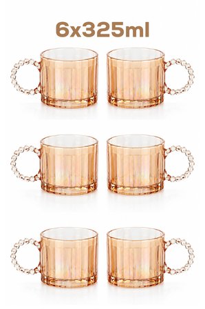 Porsima 15863 Ringo Line Amber 6lı Renkli Cam Kupa Çay Kahve Meşrubat Bardak Seti 325ml