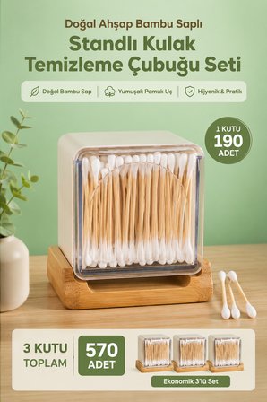 Porsima 3134 Doğal Ahşap Bambu Saplı Standlı 3Lü Kulak Temizleme Çubuğu Seti- 570 Adet
