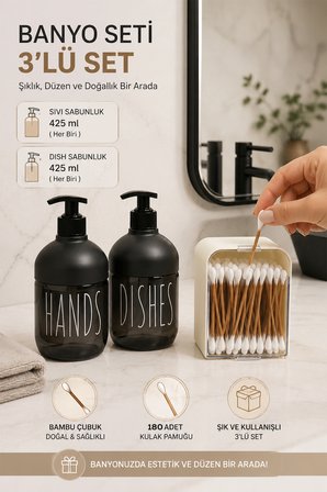 Porsima 3'lü Tezgah Üstü Temizlik Seti 2'li Cam Sıvı Sabunluk & 180 Adet Bambu Kulak Çubuğu Siyah