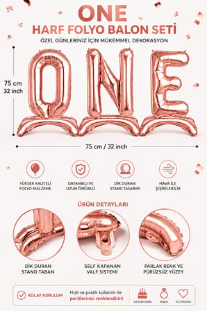 Rose Gold Ayaklı ONE Yazılı 1 Yaş Folyo Balon Seti 75 Cm 32 İnç Doğum Günü Parti Süsü