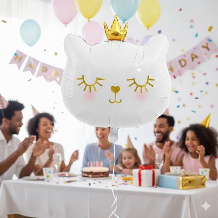 30 İnç Beyaz Kedi Kafası Taçlı Folyo Balon - Doğum Günü Parti Dekorasyon Balonu