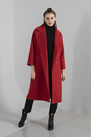 Kırmızı Önden Düğmeli Leopar Astarlı Oversize Örme Kaşe Kaban 0108068.08