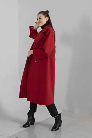 Kırmızı Önden Düğmeli Leopar Astarlı Oversize Örme Kaşe Kaban 0108068.08