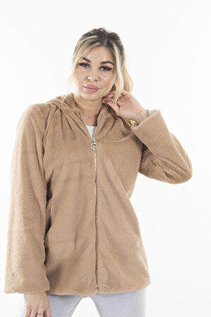 Camel Fermuarlı Oversize Kapüşonlu Çift Cepli Peluş Mont 0108078.09