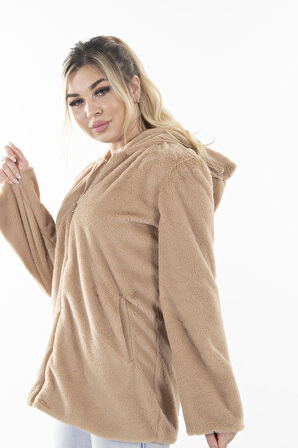 Camel Fermuarlı Oversize Kapüşonlu Çift Cepli Peluş Mont 0108078.09