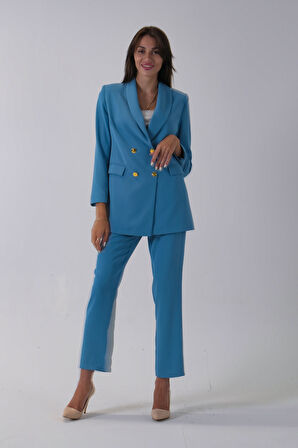 Bebe Mavi Kadın Dört Düğmeli Kruvaze Blazer Ceket & Pantolon Takım 0106305.449