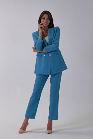 Bebe Mavi Kadın Dört Düğmeli Kruvaze Blazer Ceket & Pantolon Takım 0106305.449