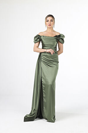 Haki Drape Detaylı Saten Kumaş Abiye Elbise 9704858.23