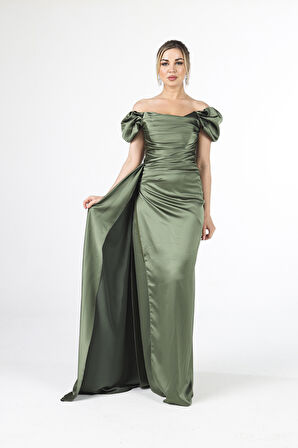 Haki Drape Detaylı Saten Kumaş Abiye Elbise 9704858.23