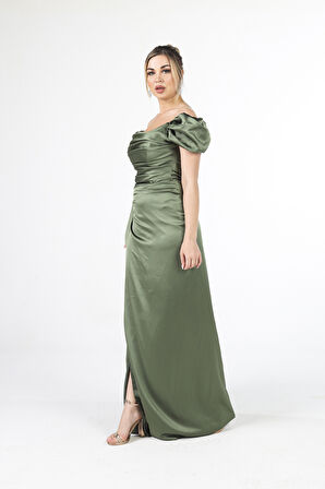 Haki Drape Detaylı Saten Kumaş Abiye Elbise 9704858.23