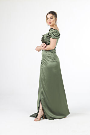 Haki Drape Detaylı Saten Kumaş Abiye Elbise 9704858.23