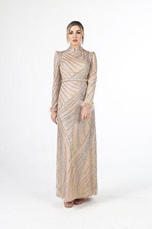 Gold Kol Uçları Tüylü Abiye Elbise 6502437.122