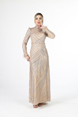 Gold Kol Uçları Tüylü Abiye Elbise 6502437.122