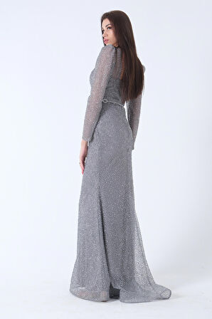 Gri Taş İşlemeli Balık Abiye Elbise 9705141.06