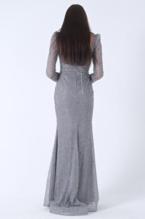 Gri Taş İşlemeli Balık Abiye Elbise 9705141.06