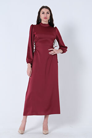 Bordo Kolları Volanlı Yandan Bağlama İp Detaylı Elbise 31061422.04
