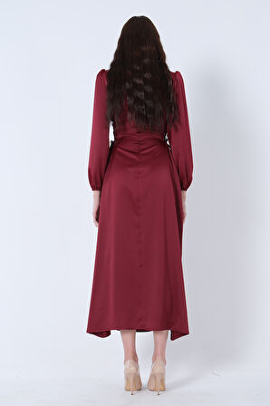 Bordo Kolları Volanlı Yandan Bağlama İp Detaylı Elbise 31061422.04