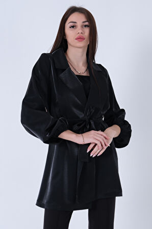 Siyah Kolları Volanlı Monoray Saten Ceket 31050689.01