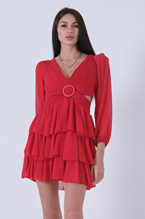 Kırmızı Fırfırlı Dekolteli Mini Şifon Abiye Elbise 9705278.08