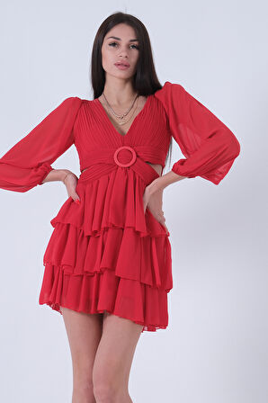 Kırmızı Fırfırlı Dekolteli Mini Şifon Abiye Elbise 9705278.08